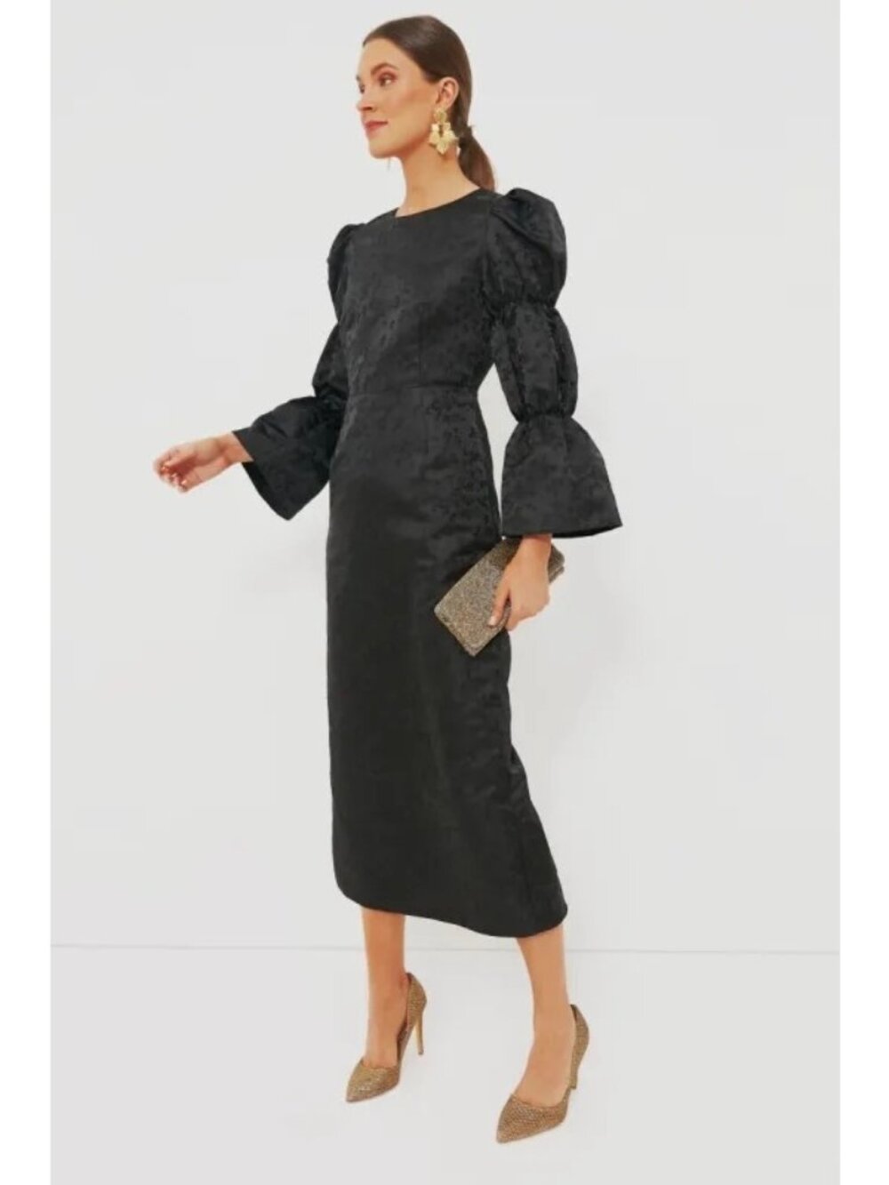 Hyacinth House Satin Jacquard Puff Sleeve Darcy Midi Dress Black Size Large NWT